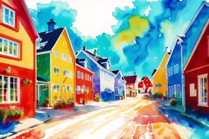 en vattenfärg stad. nordic lugn, vattenfärg målning av en scandinavian stad. generativ ai foto