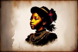 svart historia månad. ett illustration av en liten svart flicka. silhuett. vattenfärg måla. generativ ai foto