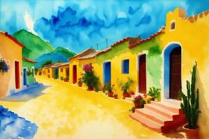 en vattenfärg stad. förtjusande mexikansk nöjen. vattenfärg målning av en vibrerande stad. generativ ai foto