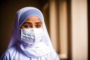 en muslim flicka bär skyddande mask. covid 19. maskbärande med förtroende. generativ ai foto