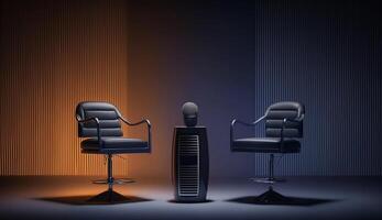 två stolar och mikrofoner i studio för podcast eller intervju, generativ ai foto