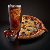 pizza med coca på svart bakgrund, generativ ai foto