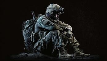 marin kår särskild krafter soldat sitta i full redskap på mörk bakgrund, generativ ai foto