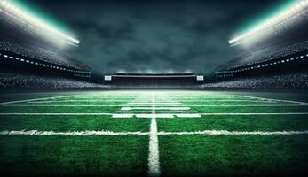 amerikan fotboll stadion med grön fält och lampor, generativ ai foto
