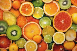 citrus- skivor av orange, kiwi, grapefrukt och vattenmelon generativ ai foto