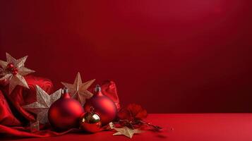 jul grannlåt på röd bakgrund med kopia Plats för din text.ai generativ foto