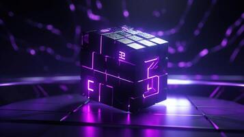 3d tolkning av svart kuber med lila neon lampor på svart bakgrund.ai generativ foto