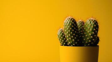 kaktus i gul pott på gul bakgrund med kopia Plats. minimal style.ai generativ foto