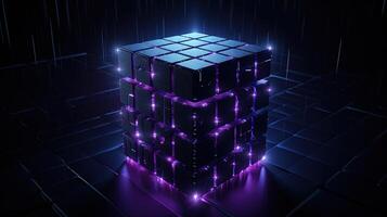 3d tolkning av svart kuber med lila neon lampor på svart bakgrund.ai generativ foto