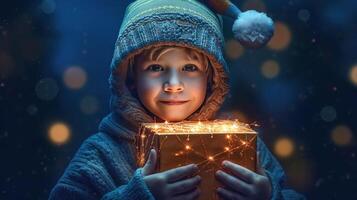 pojke med magi jul låda. illustration ai generativ foto