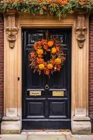 höst krans dekoration på en klassisk dörr ingång, välkomnande höst Semester säsong med höstlig dekorationer, generativ ai foto