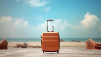resväska med suddig strand bakgrund. företag resa begrepp, generativ ai teknologi foto