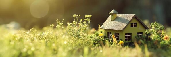grön och miljömässigt vänlig hus begrepp, miniatyr- trä- hus i vår gräs, eco begrepp, generativ ai teknologi foto