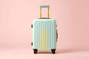 resväska på en pastell bakgrund. resa och semester begrepp i tredubblar. ai generativ foto