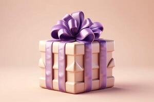 lila gåva låda med lila band tillverkad av satin mönster på mjuk beige bakgrund. ai generativ foto