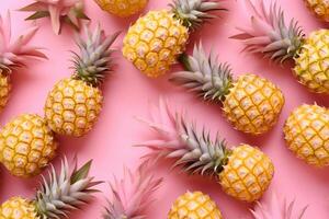 ljus mönster av många ananas på en trendig mjuk rosa bakgrund. medel mogen frukt, ai generativ foto