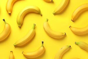 mönster av mogen gul bananer på en trendig gul bakgrund. sommar friskhet. ai generativ foto
