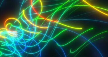 abstrakt flerfärgad regnbåge neon energi laser rader flygande på en svart bakgrund foto