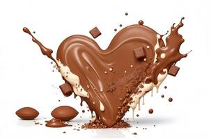 begrepp av kärlek form stänk choklad med mjölk eller mjölk grädde, en ljuv behandla isolerat på vit bakgrund - ai genererad foto