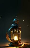 realistisk upplyst arabicum lykta på mörk bakgrund. islamic religiös begrepp. 3d framställa. foto