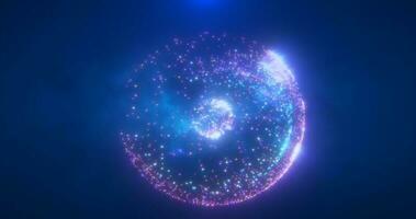 abstrakt runda blå och lila sfär tillverkad av flygande partiklar lysande energi vetenskaplig trogen atom molekyl hi-tech bakgrund foto