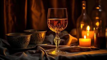 två glas av vin med belysa ljus på dining tabell för romantisk middag illustration. generativ ai. foto
