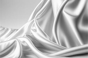vit och grå skrynkliga satin mönster bakgrund. perfekt tyg trasa för tapet, kläder och gardiner. generativ ai teknologi. foto