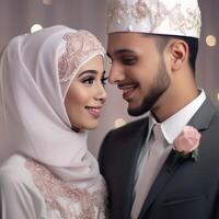 porträtt av muslim bröllop par bär traditionell klädsel, generativ ai. foto