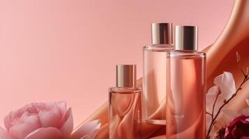 rosa kosmetisk Produkter. illustration ai generativ foto