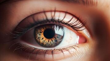 närbild se av en kvinnas öga med kattliknande iris, med de invecklad detaljer av de iris och elev . de iris visas till vara långsträckt, skapande en kattliknande utseende,. tillverkad med generativ ai foto