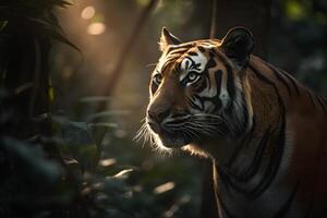 närbild se av en tiger i en djungel. de tigers ansikte är de fokal- punkt av de bild, med dess genomträngande ögon och distinkt funktioner i klar se. tillverkad med generativ ai foto