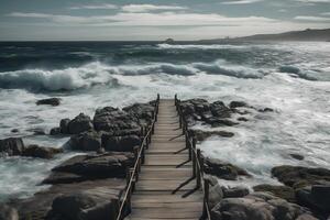 pir ledande till de hav med klippig strandlinje foto