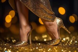 skön kvinna ben i kväll skor med bokeh lampor i de bakgrund generativ ai foto