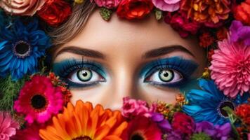 skön kvinna öga smink i blommor skönhet vård generativ ai foto