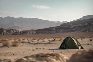 camping i en torka i de öken- generativ ai foto