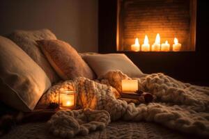 romantisk humör förbi ljus ljus för avslappning i de sovrum generativ ai foto