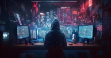 anonym hacker. begrepp av mörk webb, Cyber brott, Cyber attack, etc. ai genererad bild foto