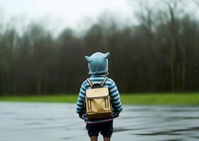 barn med regnkappa och ryggsäck. begrepp av tillbaka till skola. ai genererad foto