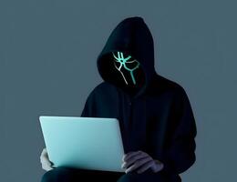 anonym hacker med bärbar dator. begrepp av dataintrång Cybersäkerhet, Cyber brott, Cyber attack, etc. ai genererad bild foto