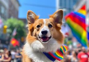 corgi hund i stolthet parad. begrepp av lgbtq stolthet. ai genererad foto