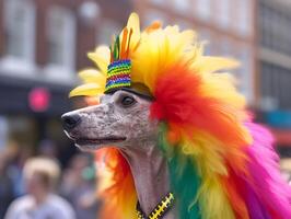 pudel hund i stolthet parad. begrepp av lgbtq stolthet. ai genererad foto