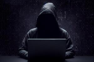 anonym hacker utan ansikte skriver dator bärbar dator. begrepp av dataintrång Cybersäkerhet, Cyber brott, Cyber attack, etc. ai genererad foto