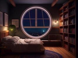 modern sovrum dekorerad med bokhyllor och stor fönster. ai genererad foto