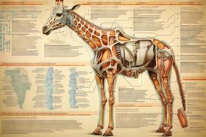 giraff cyborg djur- detaljerad infografik, full detaljer anatomi affisch diagram illustration generativ ai foto