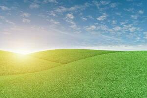 grön gräs fält och blå himmel med vit moln. skön naturlig äng landskap foto
