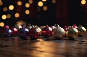 stänga upp se av skön med skinande guld struntsak eller boll, xmas ornament och lampor, jul högtider bakgrund. generativ ai. foto
