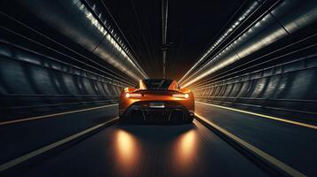 trogen sporter bil på motorväg. kraftfull acceleration av en superbil på en natt Spår med lampor och stigar. 3d illustration. generativ ai. foto