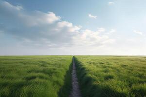 de landskap av gräs fält och blå himmel väg ledande av in i de distans. generativ ai. foto