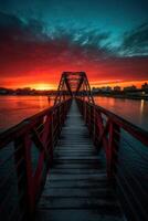 trä- planka gångväg ledande till en skön solnedgång på de sjö. generativ ai. foto