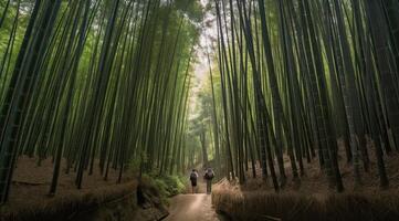 de baksida av en ung person gående genom en bambu skog. generativ ai. foto